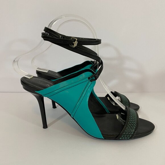 L.A.M.B. Bambi Pumps Teal Black Leather Heels 6.5 Ankle Strap - Picture 3 of 11